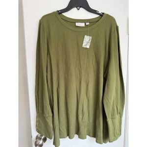 Belle by Kim Gravel Olive Green Waffle Knit Thermal Top Button Cuff Plus 3X